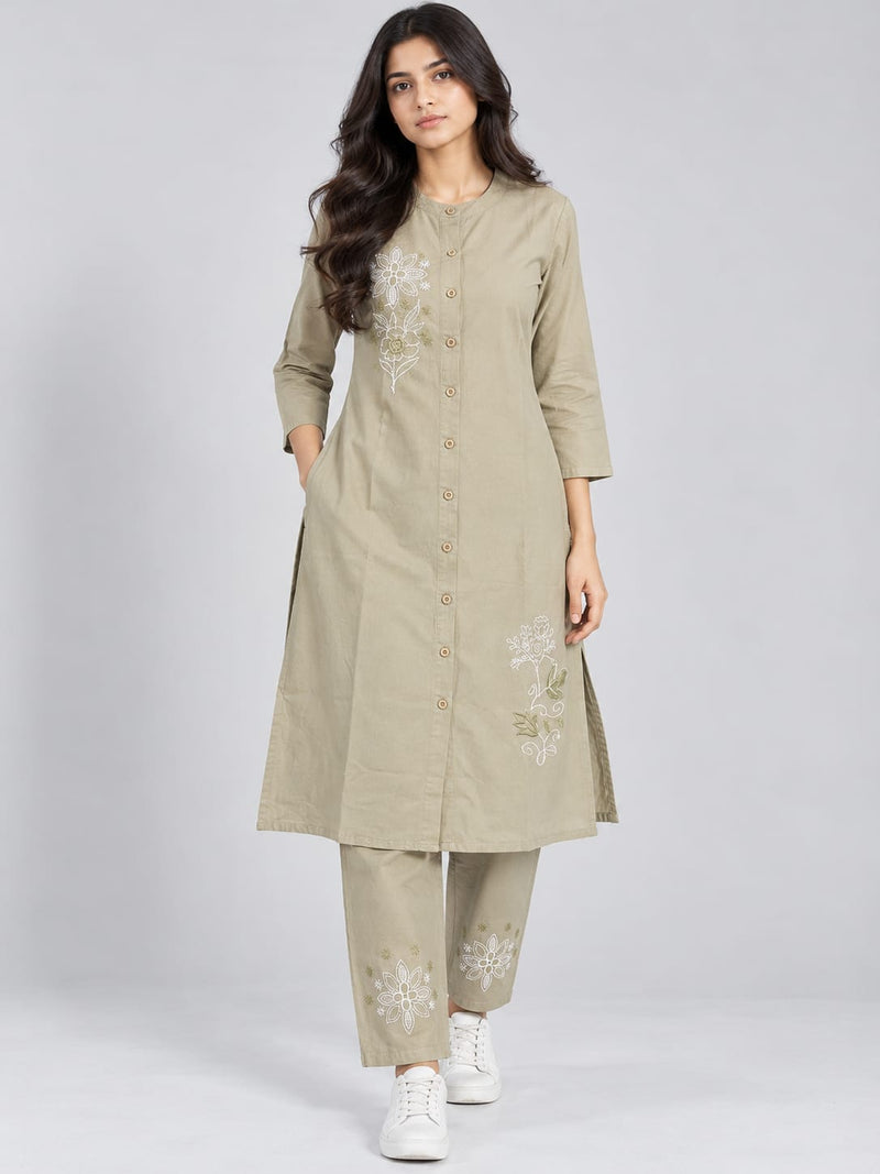 Women’s Olive Beige Embroidered Kurta Set with Matching Pants
