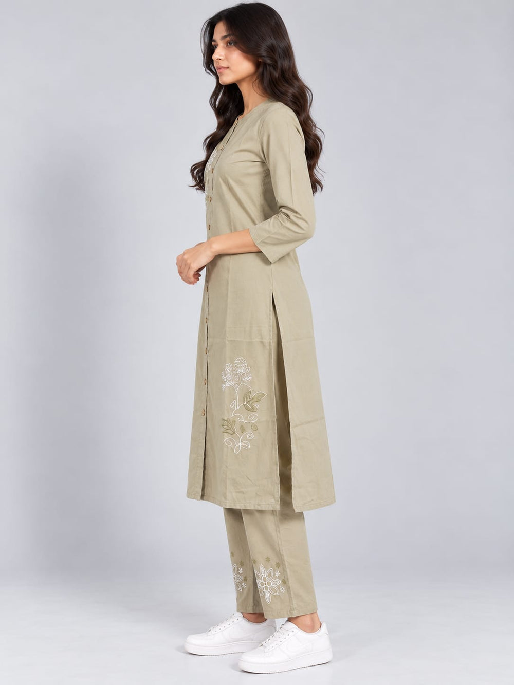Women’s Olive Beige Embroidered Kurta Set with Matching Pants