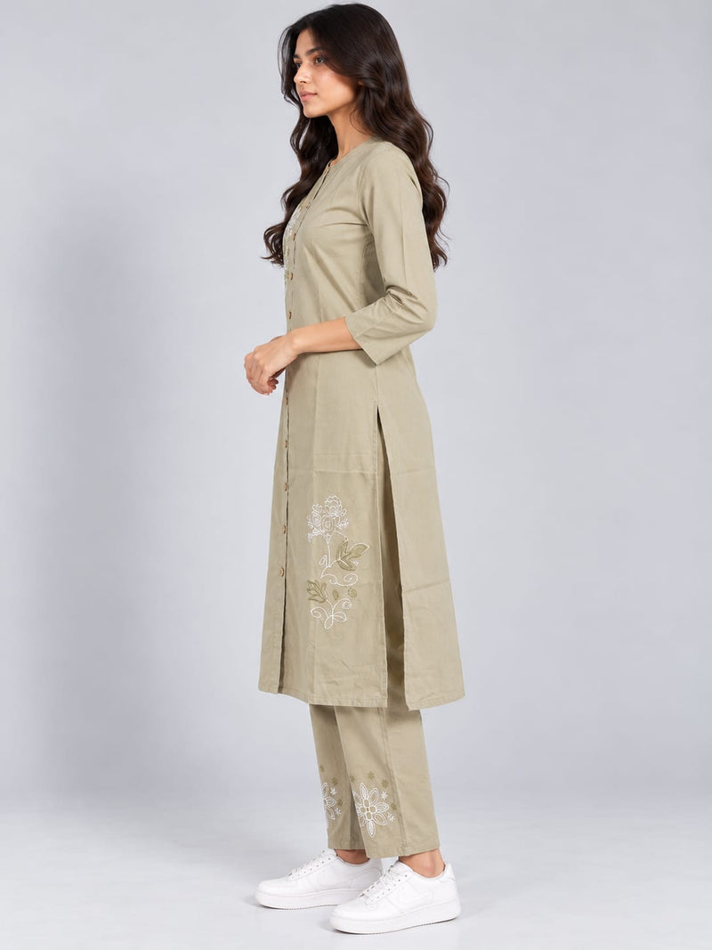 Women’s Olive Beige Embroidered Kurta Set with Matching Pants