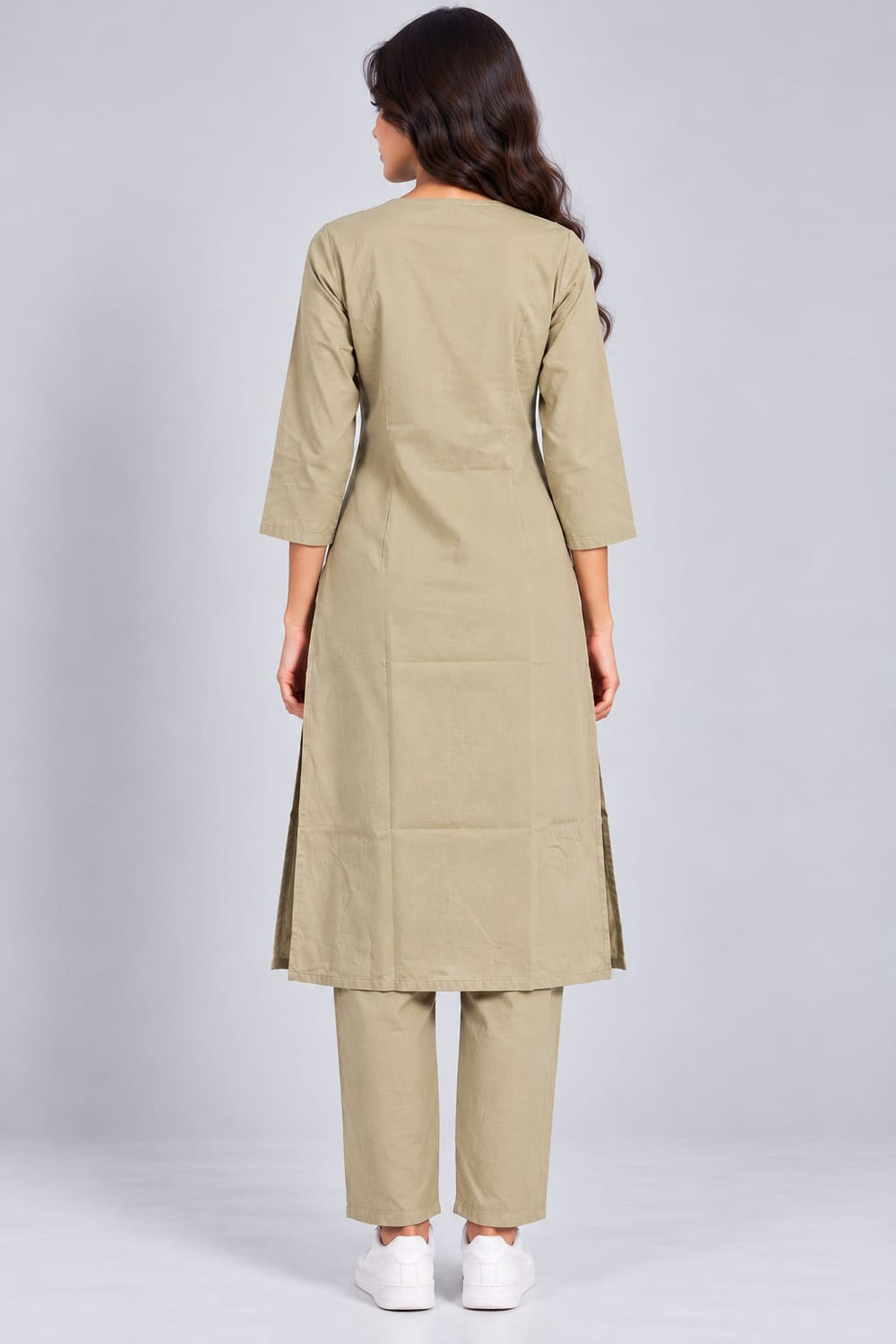 Women’s Olive Beige Embroidered Kurta Set with Matching Pants