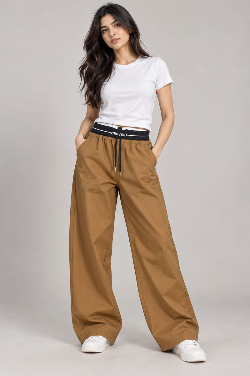 Women’s Camel Brown Wide-Leg Pants with Elastic Waistband – Casual High-Waist Trousers