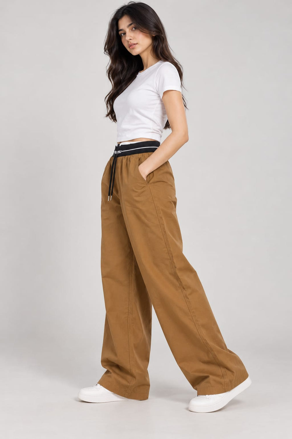 Women’s Camel Brown Wide-Leg Pants with Elastic Waistband – Casual High-Waist Trousers