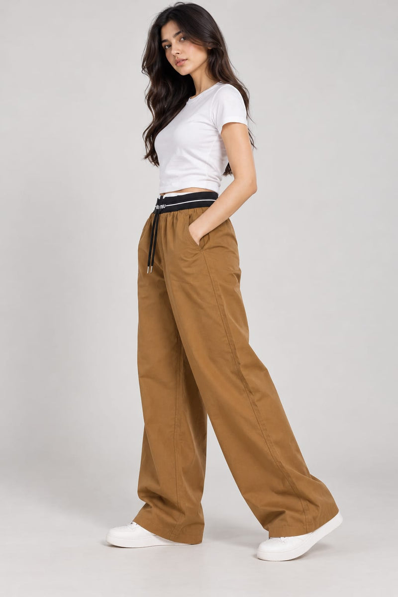 Women’s Camel Brown Wide-Leg Pants with Elastic Waistband – Casual High-Waist Trousers