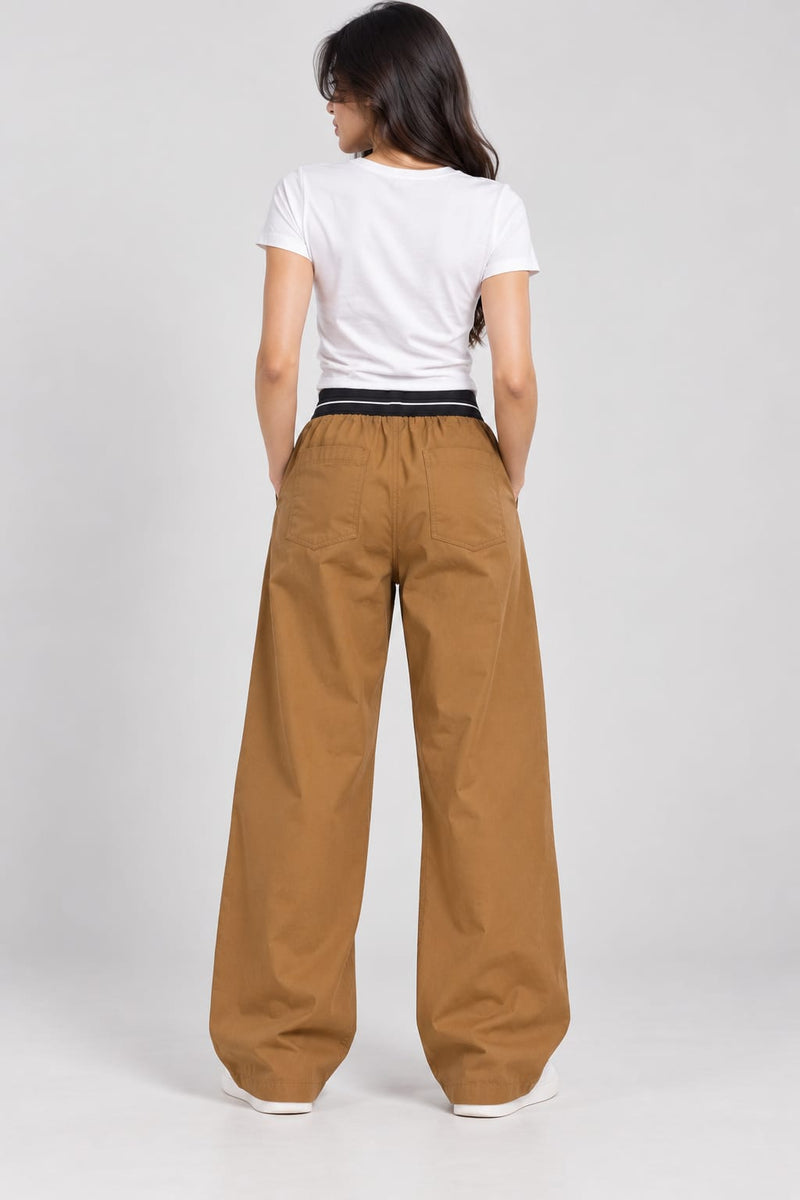 Women’s Camel Brown Wide-Leg Pants with Elastic Waistband – Casual High-Waist Trousers