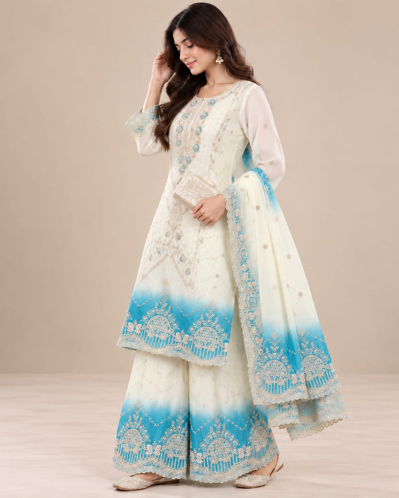 Women’s Cream & Turquoise Blue Embroidered Palazzo Suit Set with Dupatta