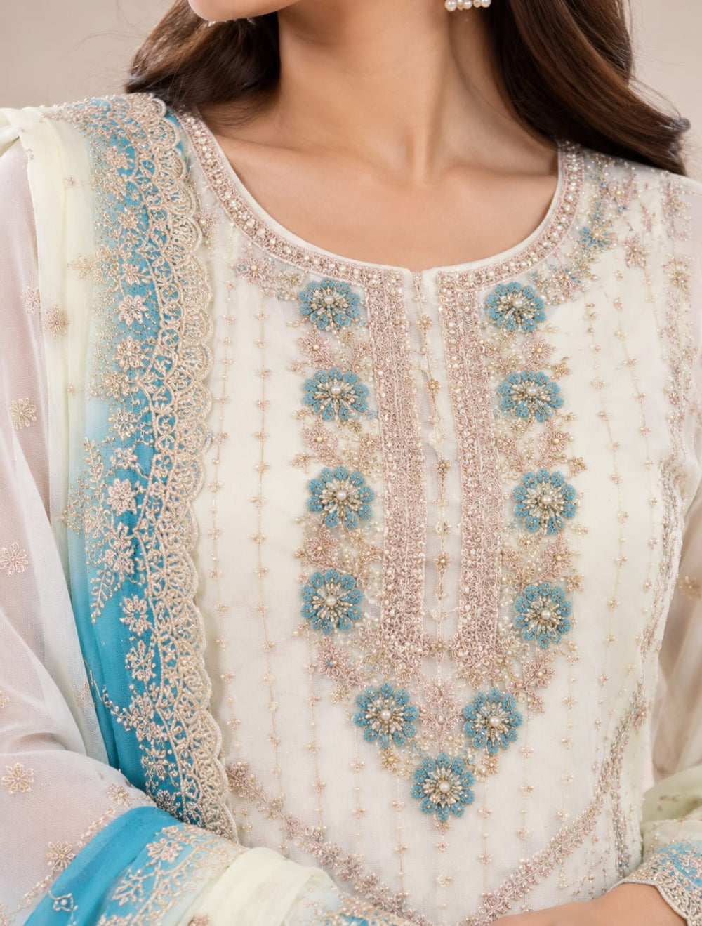 Women’s Cream & Turquoise Blue Embroidered Palazzo Suit Set with Dupatta