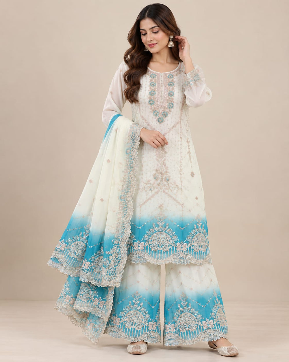 Women’s Cream & Turquoise Blue Embroidered Palazzo Suit Set with Dupatta