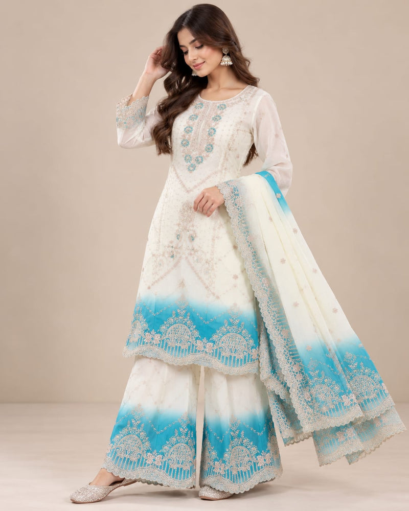 Women’s Cream & Turquoise Blue Embroidered Palazzo Suit Set with Dupatta