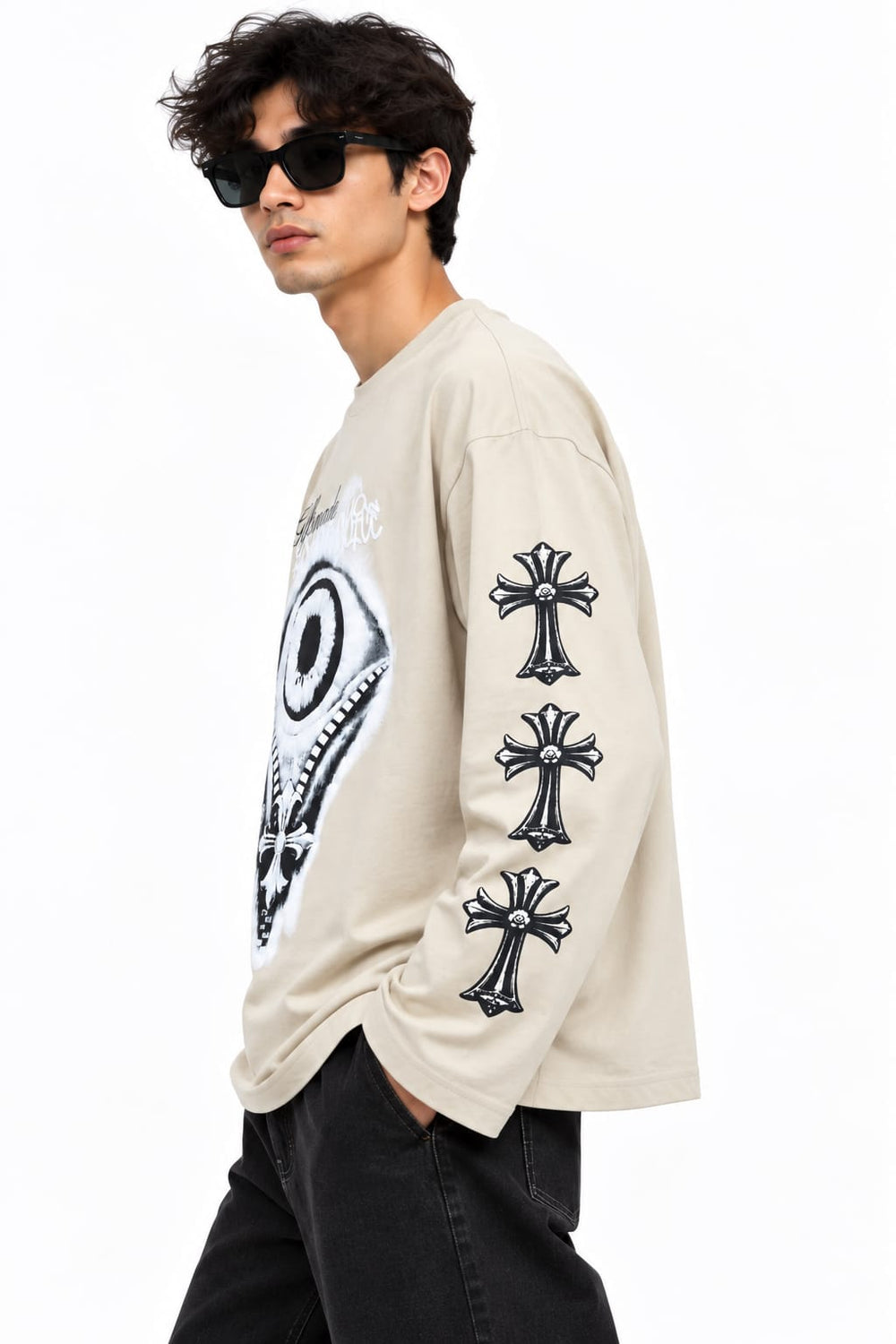Men’s Beige Graphic Long Sleeve T-Shirt – Bold Streetwear Style