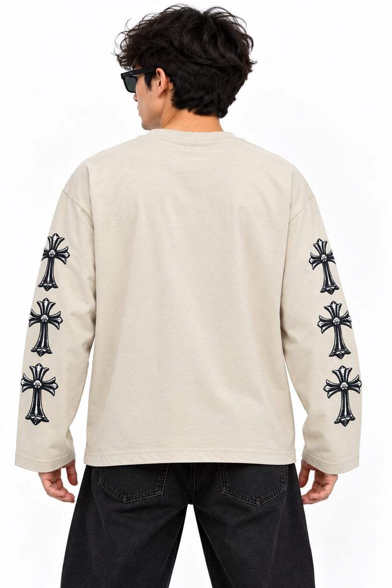 Men’s Beige Graphic Long Sleeve T-Shirt – Bold Streetwear Style