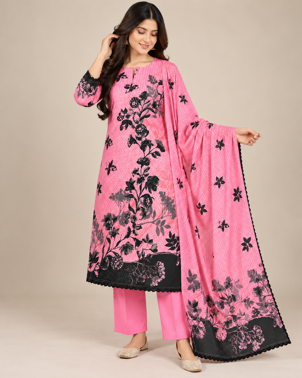 Pink Floral Printed 3-Piece Kurta Pant & Dupatta Set with Black Border