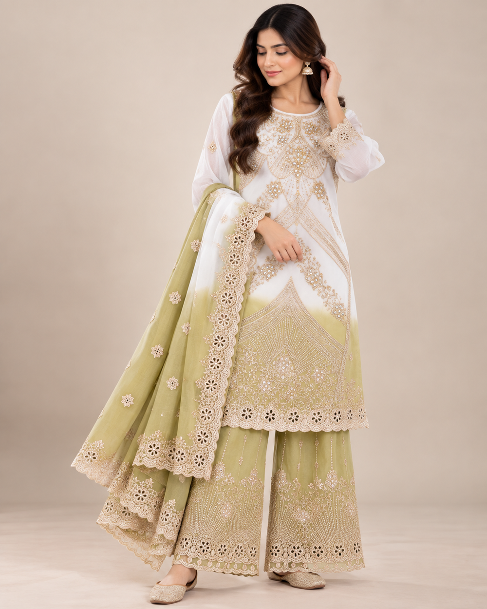 White & Olive Green Embroidered Georgette Sharara Suit with Dupatta