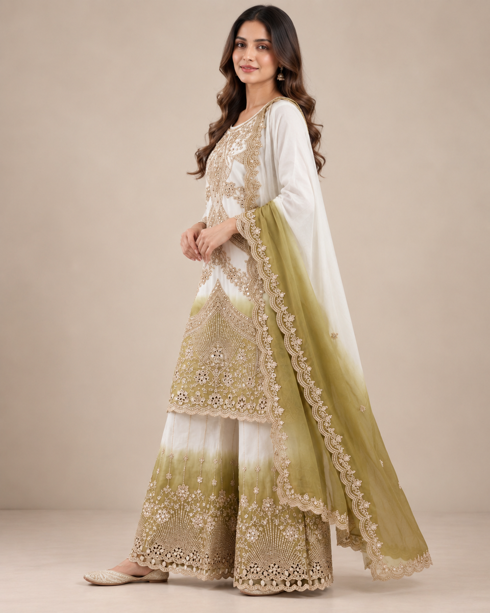 White & Olive Green Embroidered Georgette Sharara Suit with Dupatta