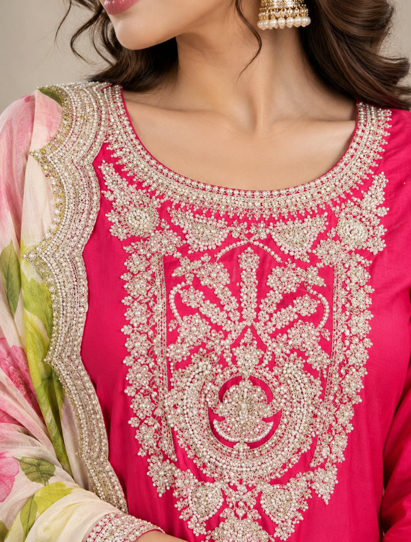 Women’s Fuchsia Pink Embroidered Kurta Sharara Set with Floral Dupatta