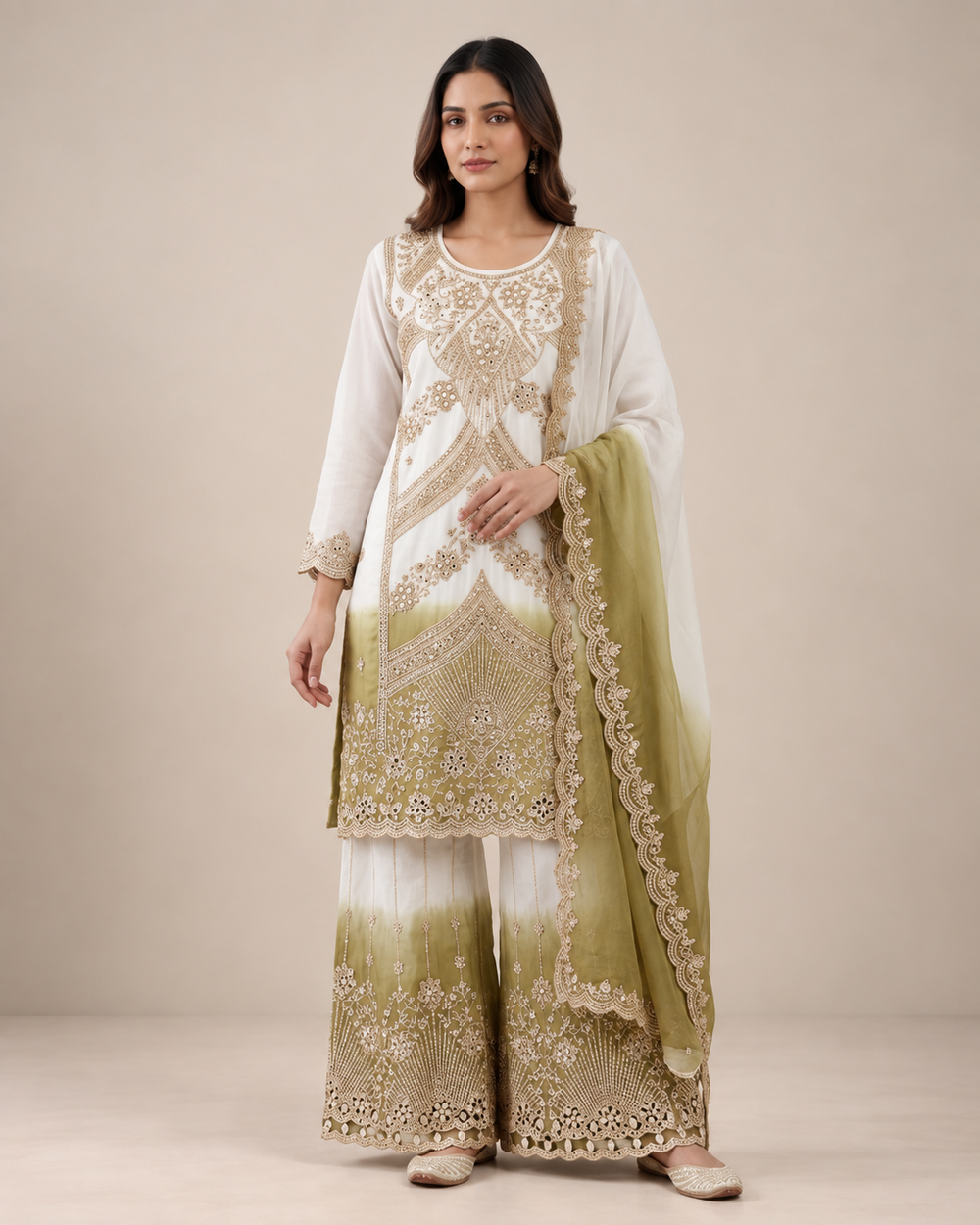 White & Olive Green Embroidered Georgette Sharara Suit with Dupatta