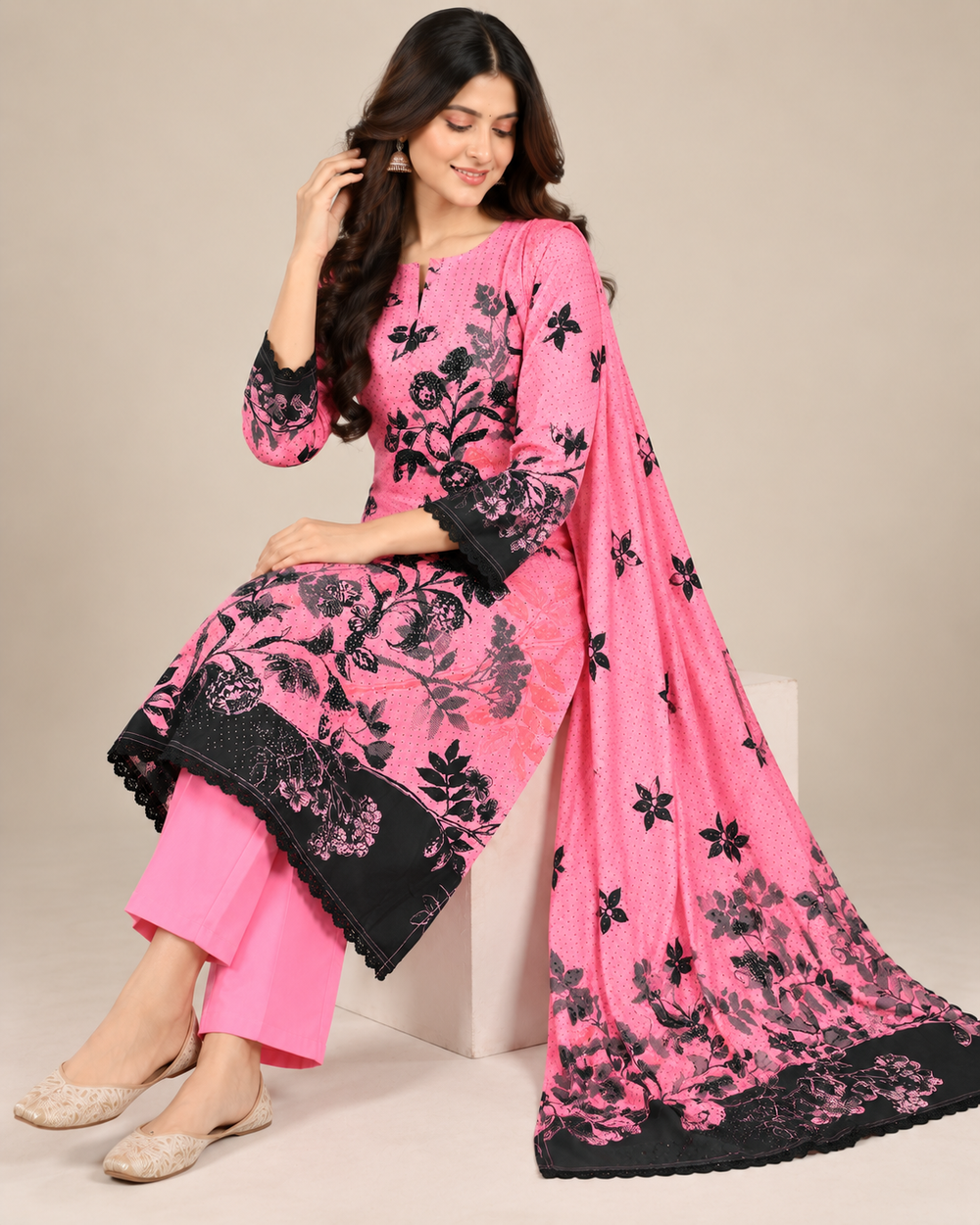 Pink Floral Printed 3-Piece Kurta Pant & Dupatta Set with Black Border