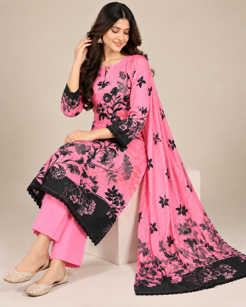 Pink Floral Printed 3-Piece Kurta Pant & Dupatta Set with Black Border