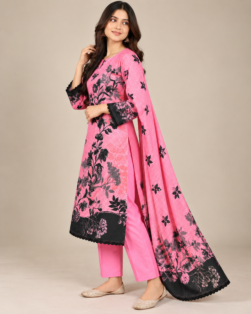 Pink Floral Printed 3-Piece Kurta Pant & Dupatta Set with Black Border