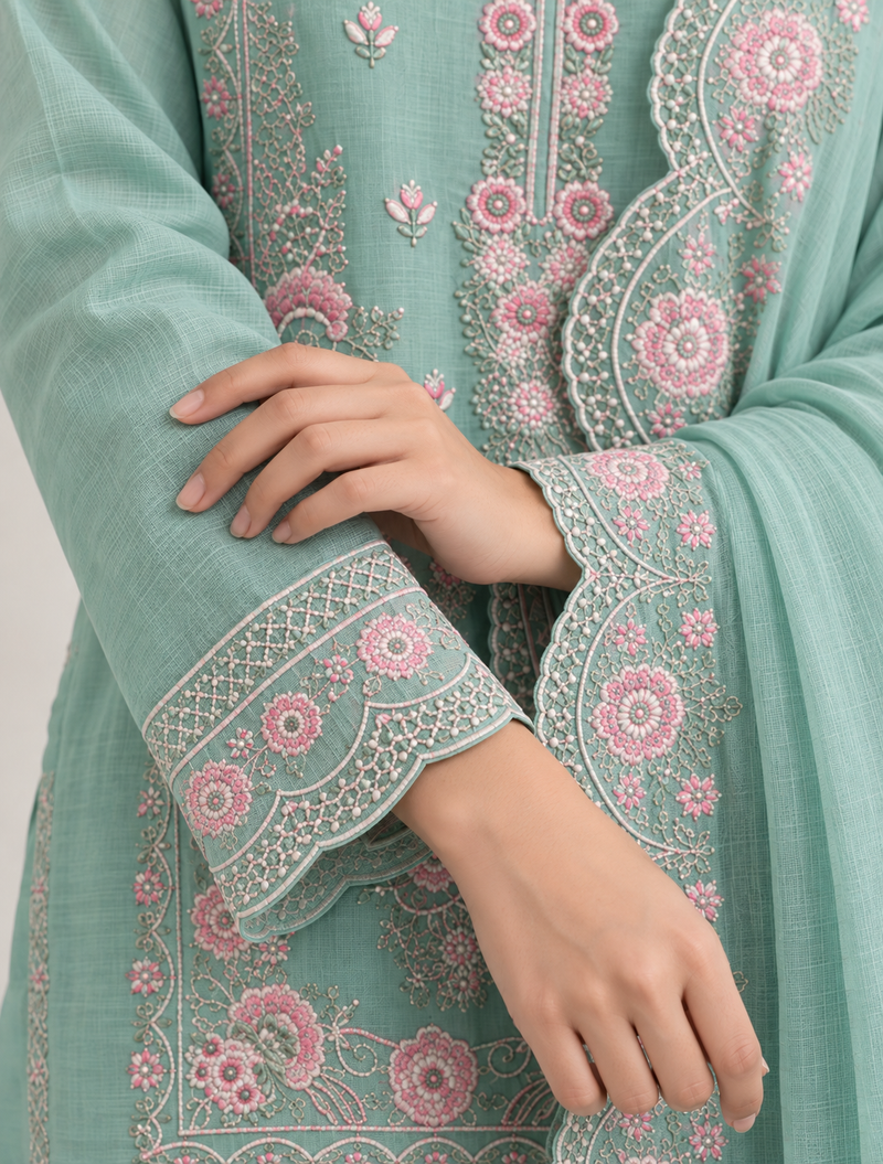Mint Green Floral Embroidered Kurta Pant & Dupatta Set