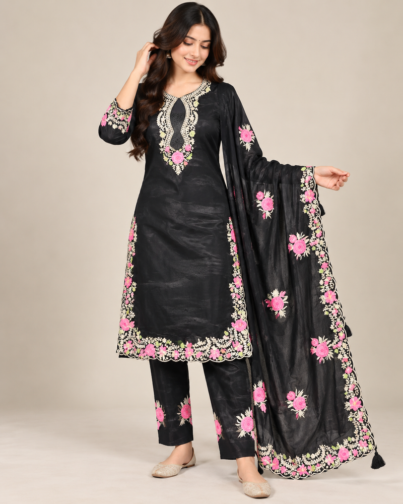 Black Floral Embroidered Salwar Suit Set with Dupatta for Women