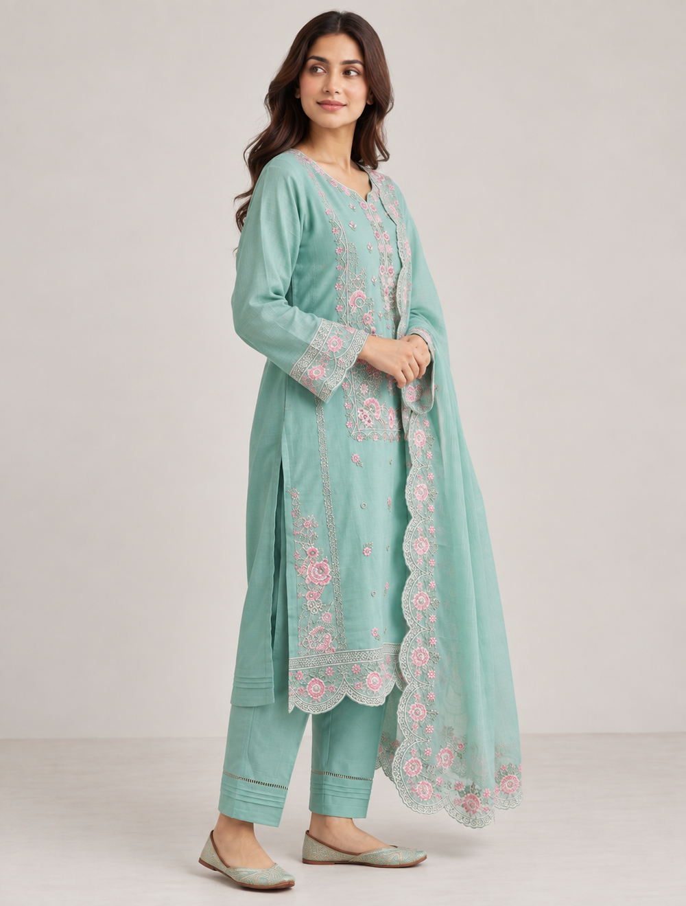 Mint Green Floral Embroidered Kurta Pant & Dupatta Set