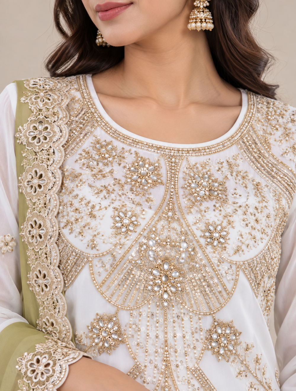 White & Olive Green Embroidered Georgette Sharara Suit with Dupatta