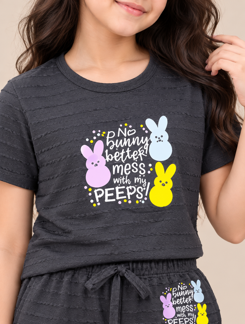 Girls’ Black Bunny Print Co-Ord Set – Textured T-Shirt & Wide-Leg Pants