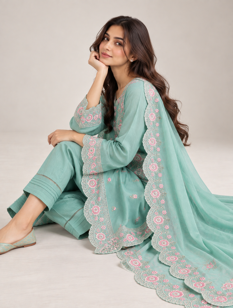 Mint Green Floral Embroidered Kurta Pant & Dupatta Set