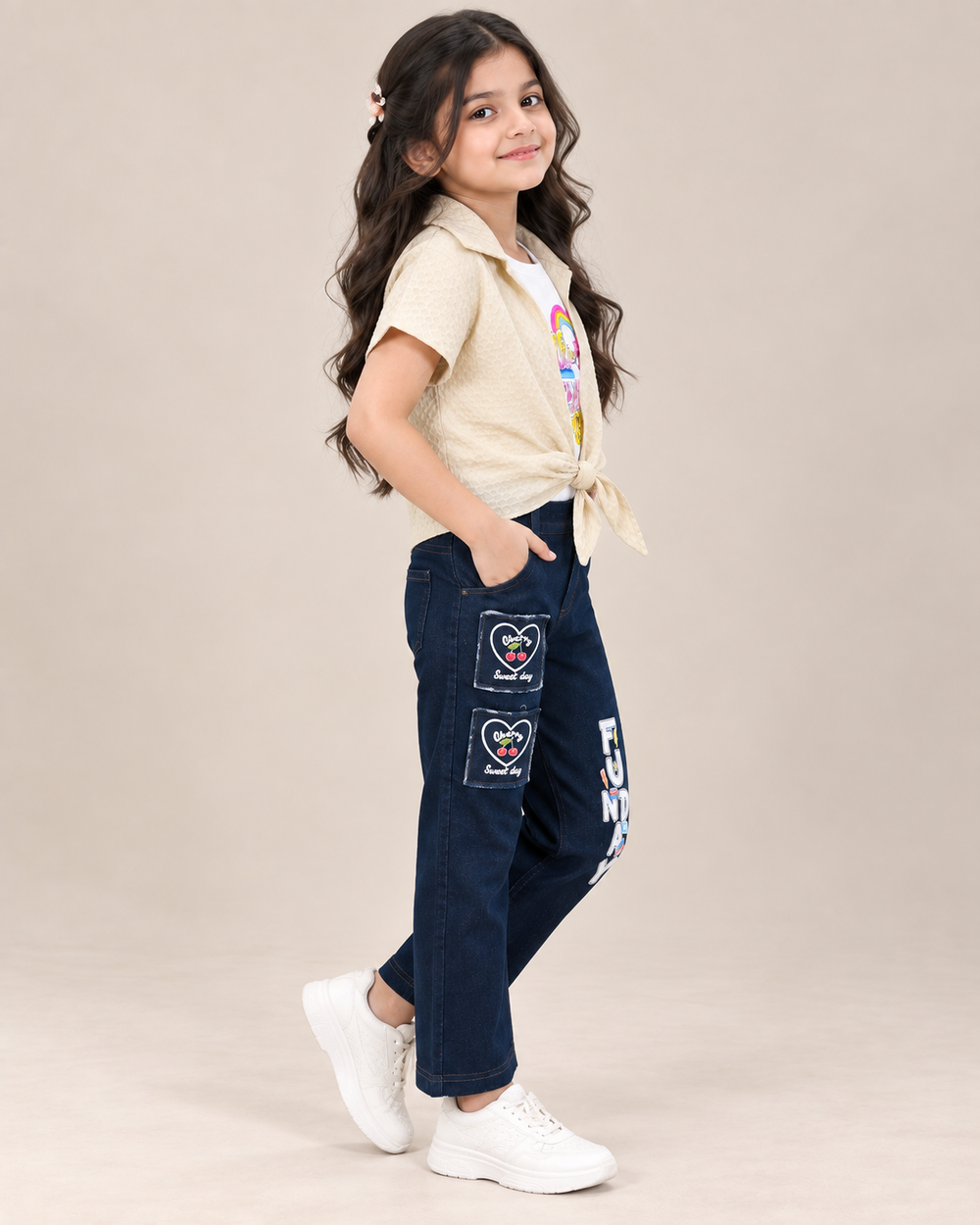 Girls Cream Knot Shirt & Graphic T-Shirt with Embroidered Wide-Leg Jeans