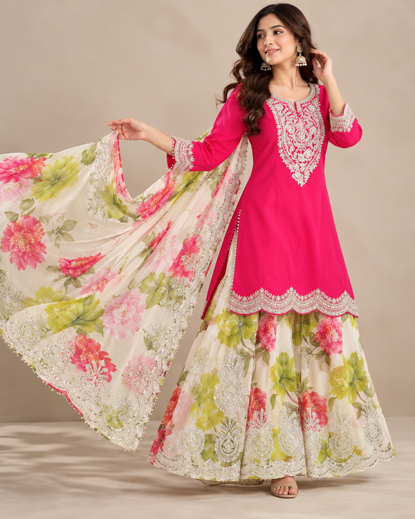 Women’s Fuchsia Pink Embroidered Kurta Sharara Set with Floral Dupatta