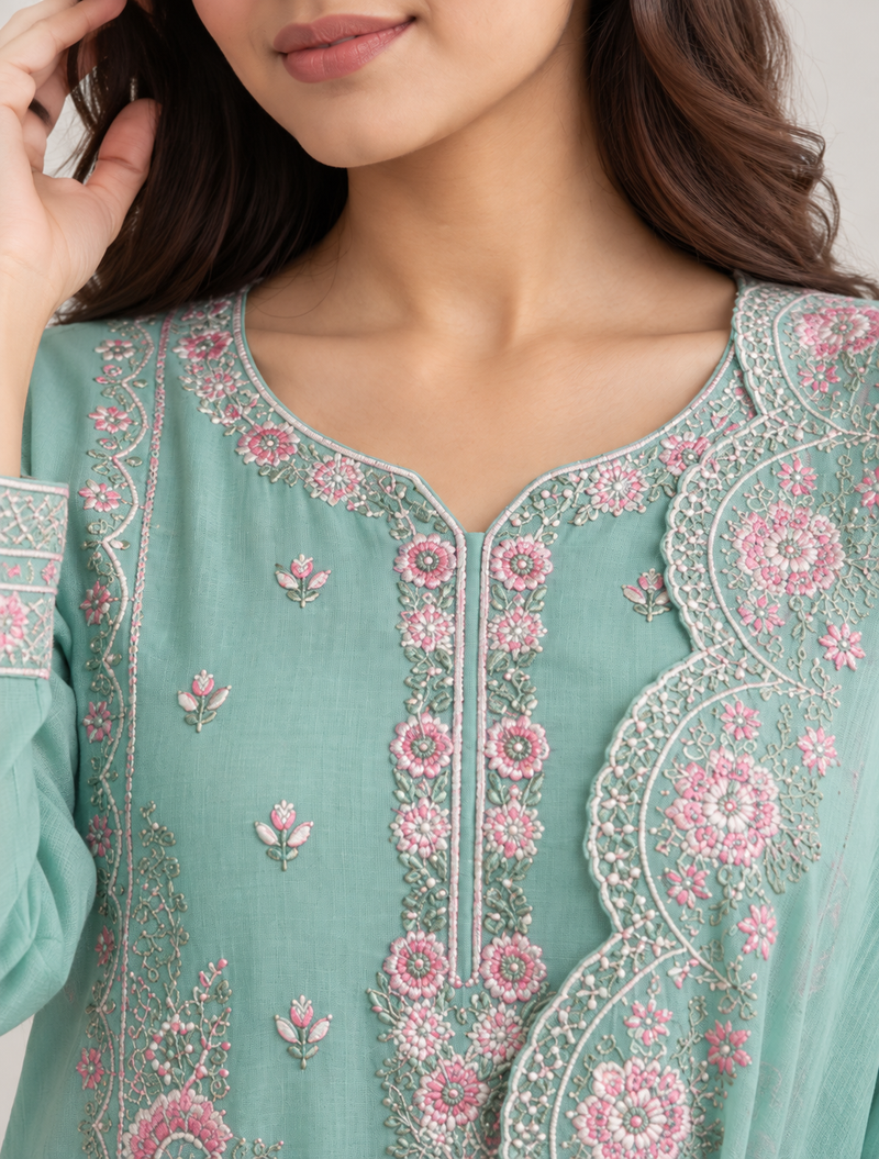 Mint Green Floral Embroidered Kurta Pant & Dupatta Set