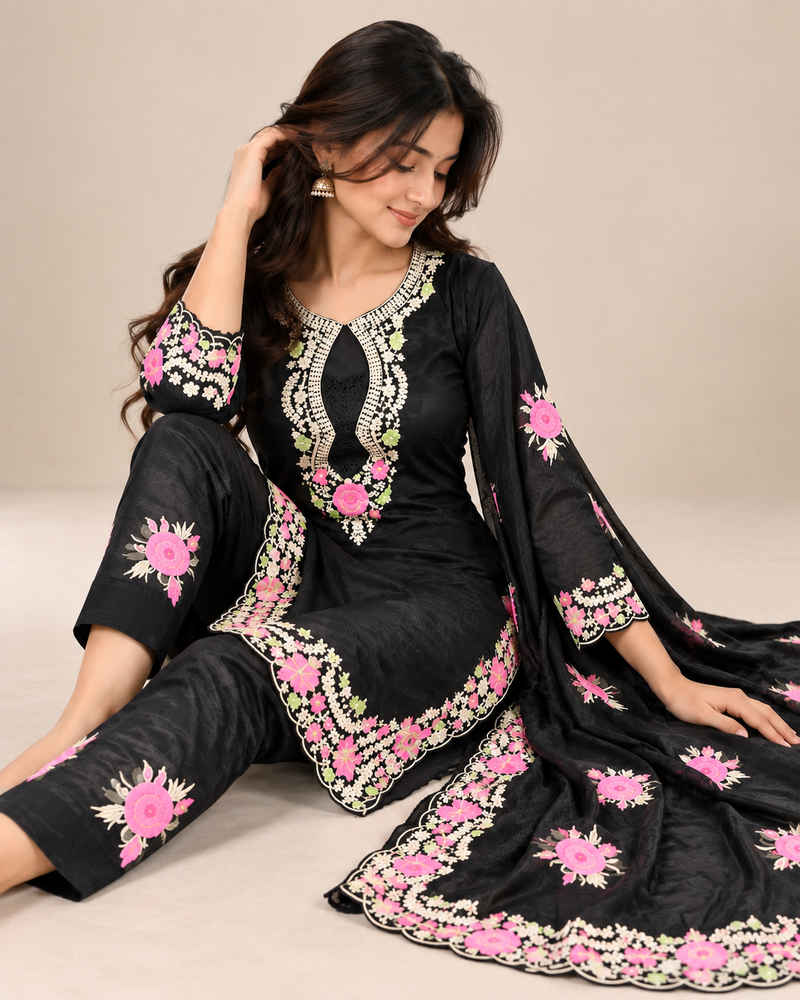 Black Floral Embroidered Salwar Suit Set with Dupatta for Women