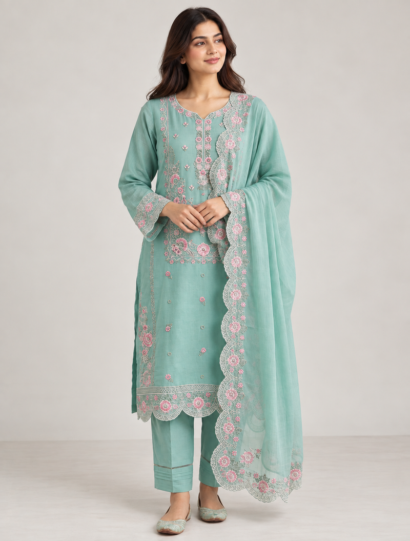 Mint Green Floral Embroidered Kurta Pant & Dupatta Set