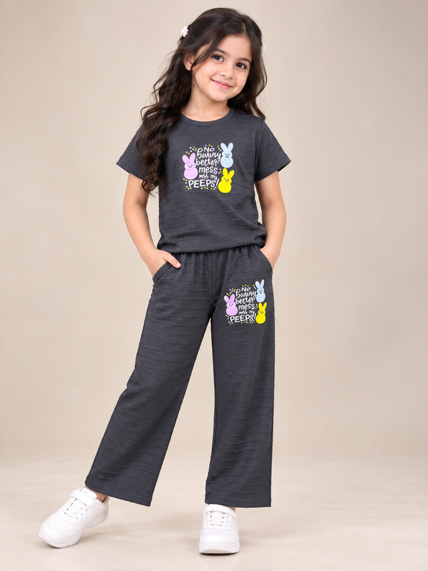 Girls’ Black Bunny Print Co-Ord Set – Textured T-Shirt & Wide-Leg Pants