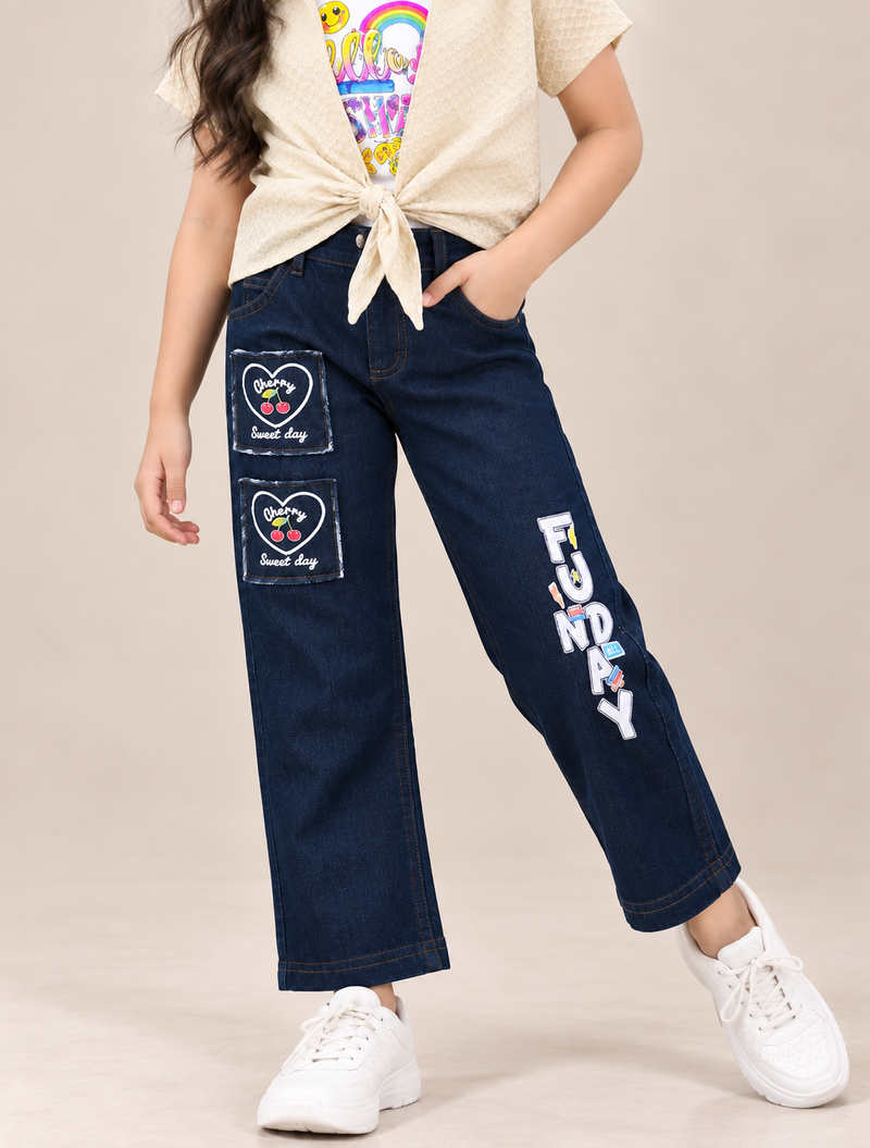 Girls Cream Knot Shirt & Graphic T-Shirt with Embroidered Wide-Leg Jeans