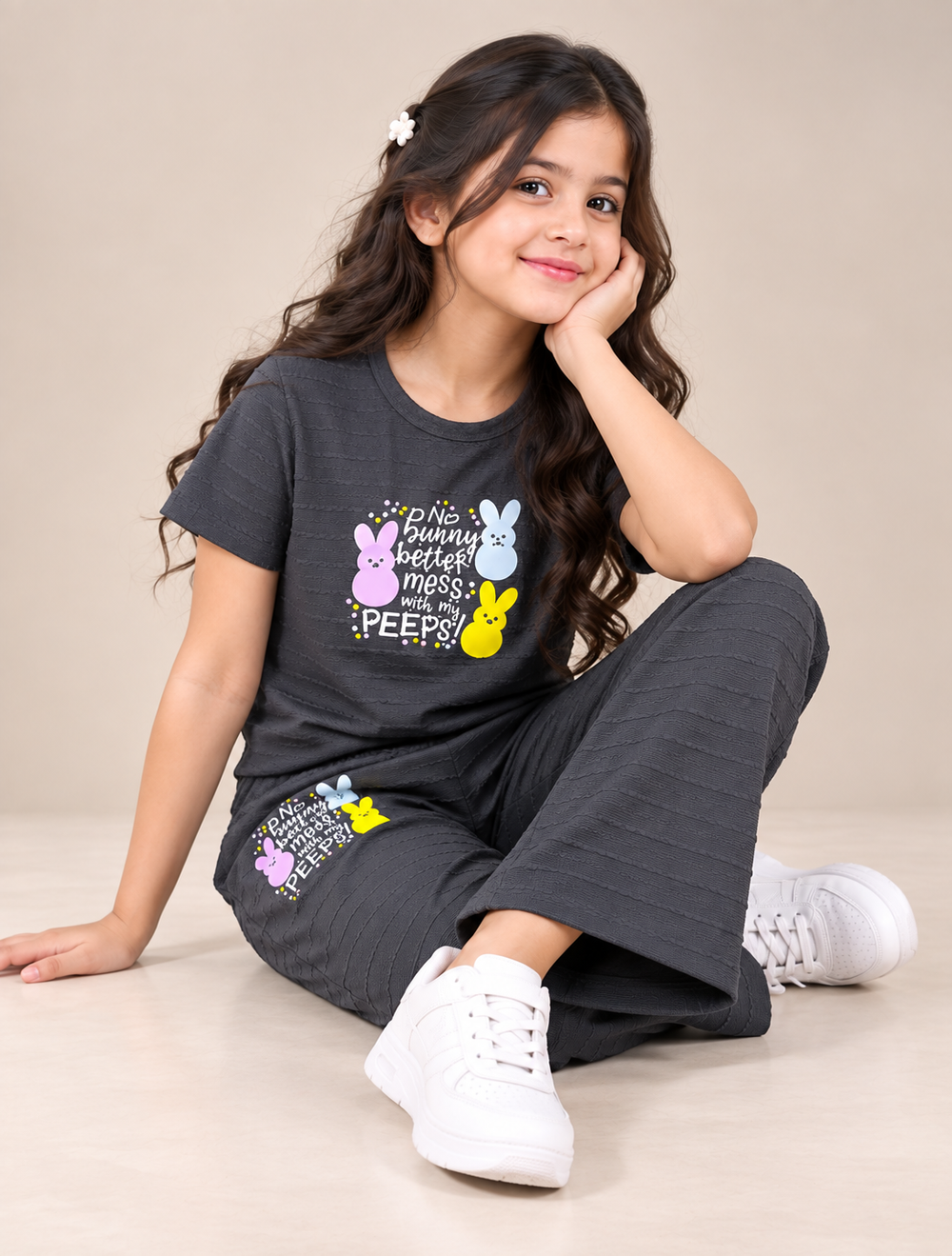 Girls’ Black Bunny Print Co-Ord Set – Textured T-Shirt & Wide-Leg Pants