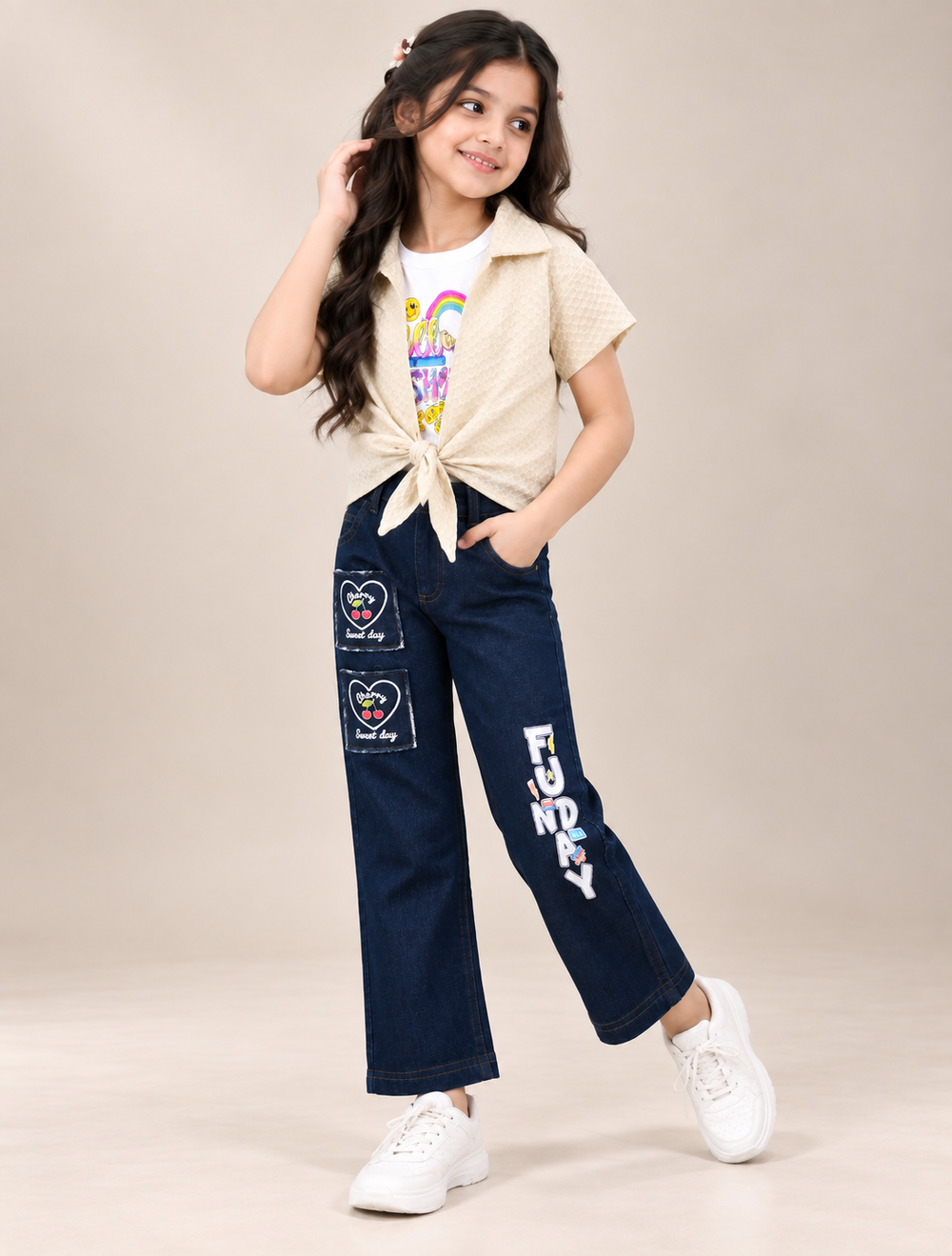 Girls Cream Knot Shirt & Graphic T-Shirt with Embroidered Wide-Leg Jeans