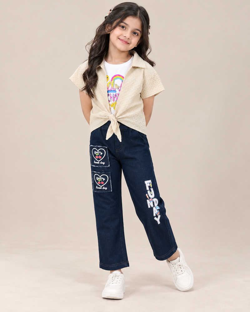 Girls Cream Knot Shirt & Graphic T-Shirt with Embroidered Wide-Leg Jeans
