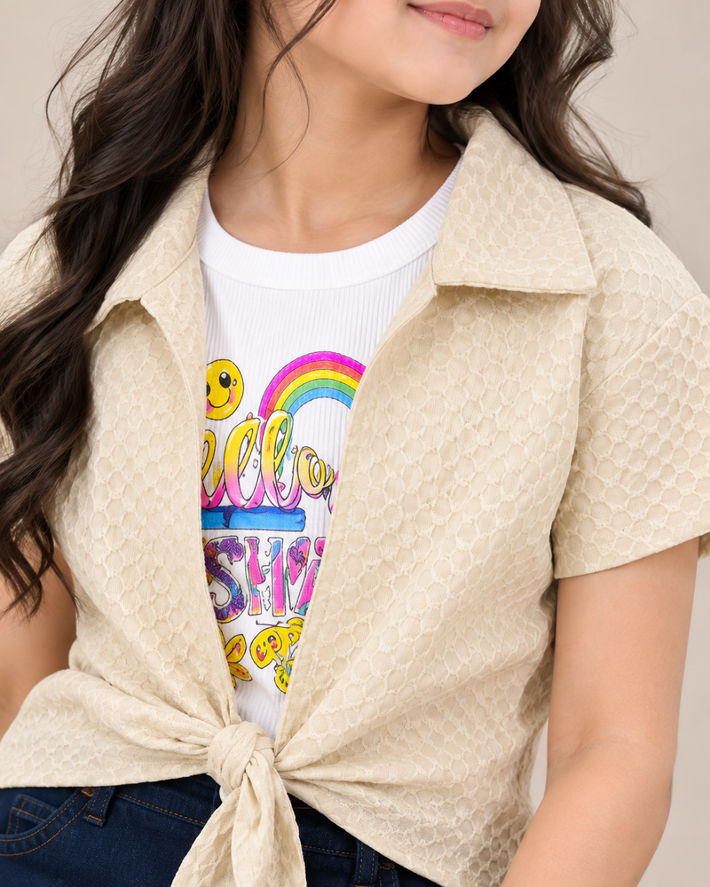 Girls Cream Knot Shirt & Graphic T-Shirt with Embroidered Wide-Leg Jeans