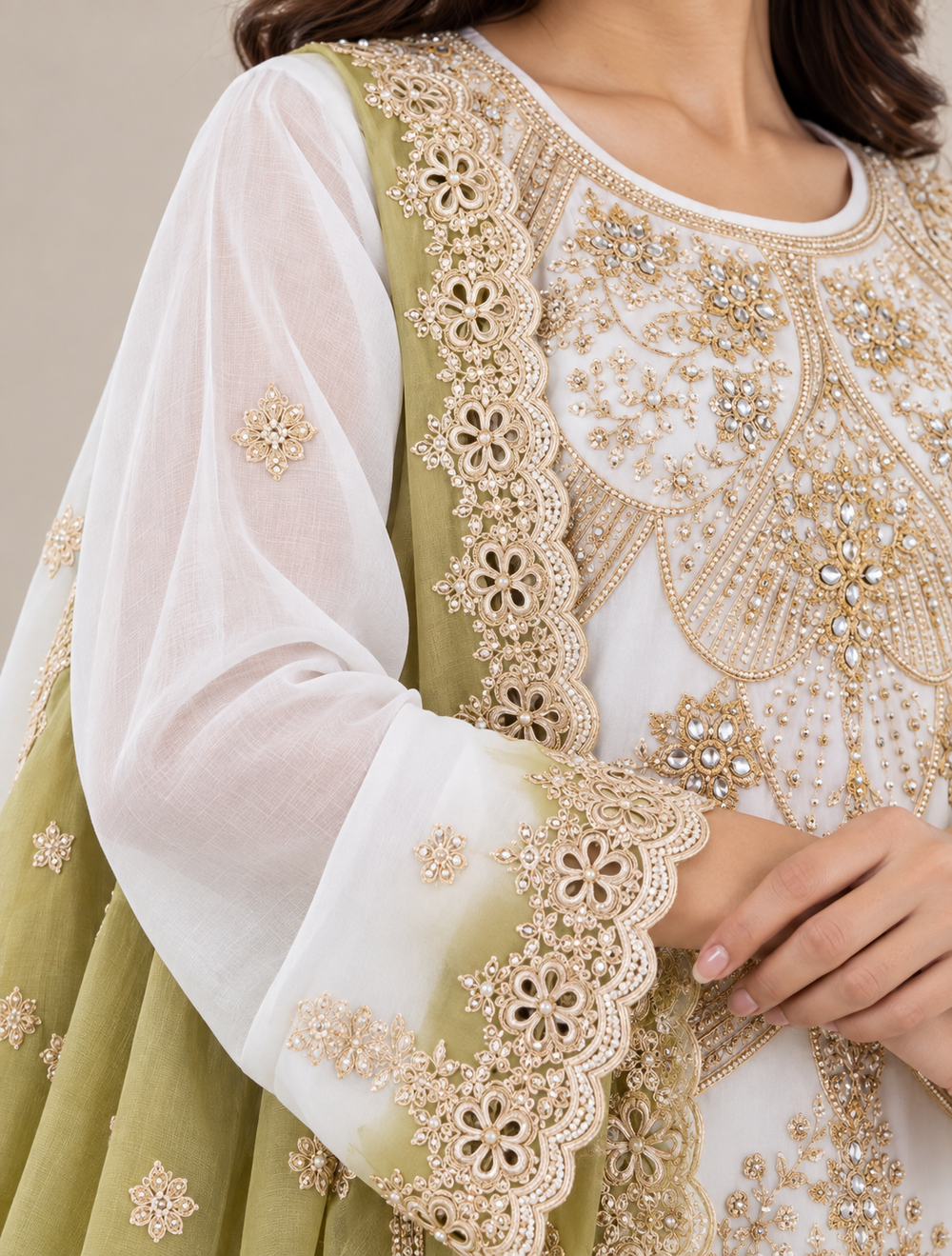 White & Olive Green Embroidered Georgette Sharara Suit with Dupatta