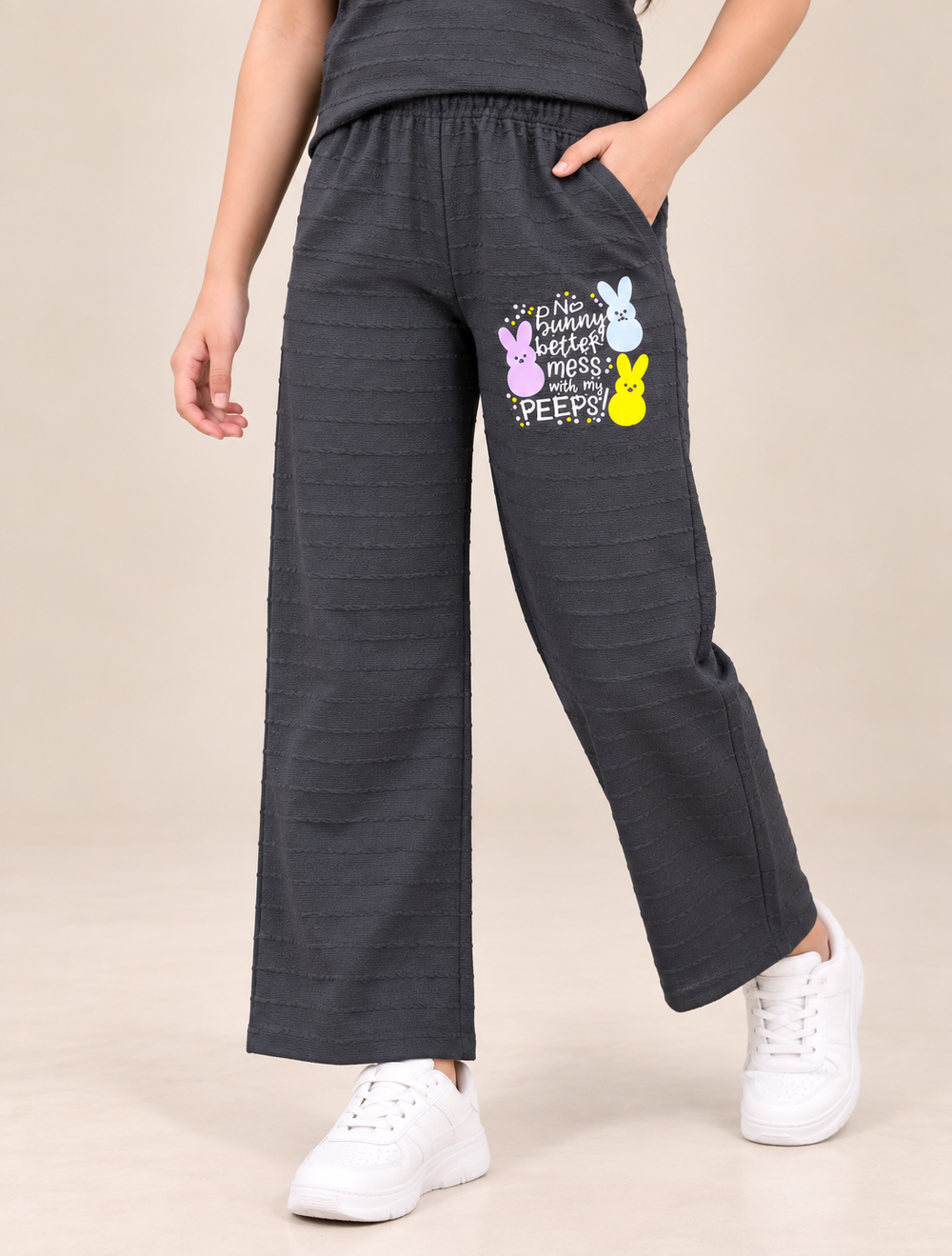 Girls’ Black Bunny Print Co-Ord Set – Textured T-Shirt & Wide-Leg Pants