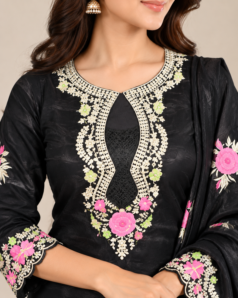 Black Floral Embroidered Salwar Suit Set with Dupatta for Women