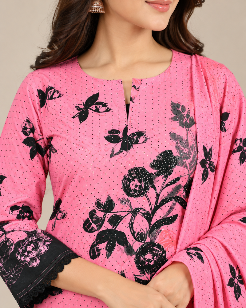 Pink Floral Printed 3-Piece Kurta Pant & Dupatta Set with Black Border