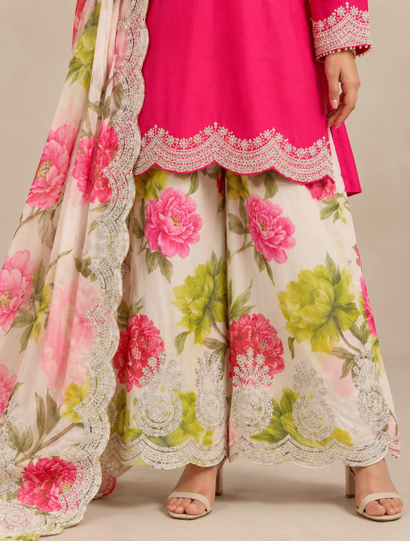 Women’s Fuchsia Pink Embroidered Kurta Sharara Set with Floral Dupatta