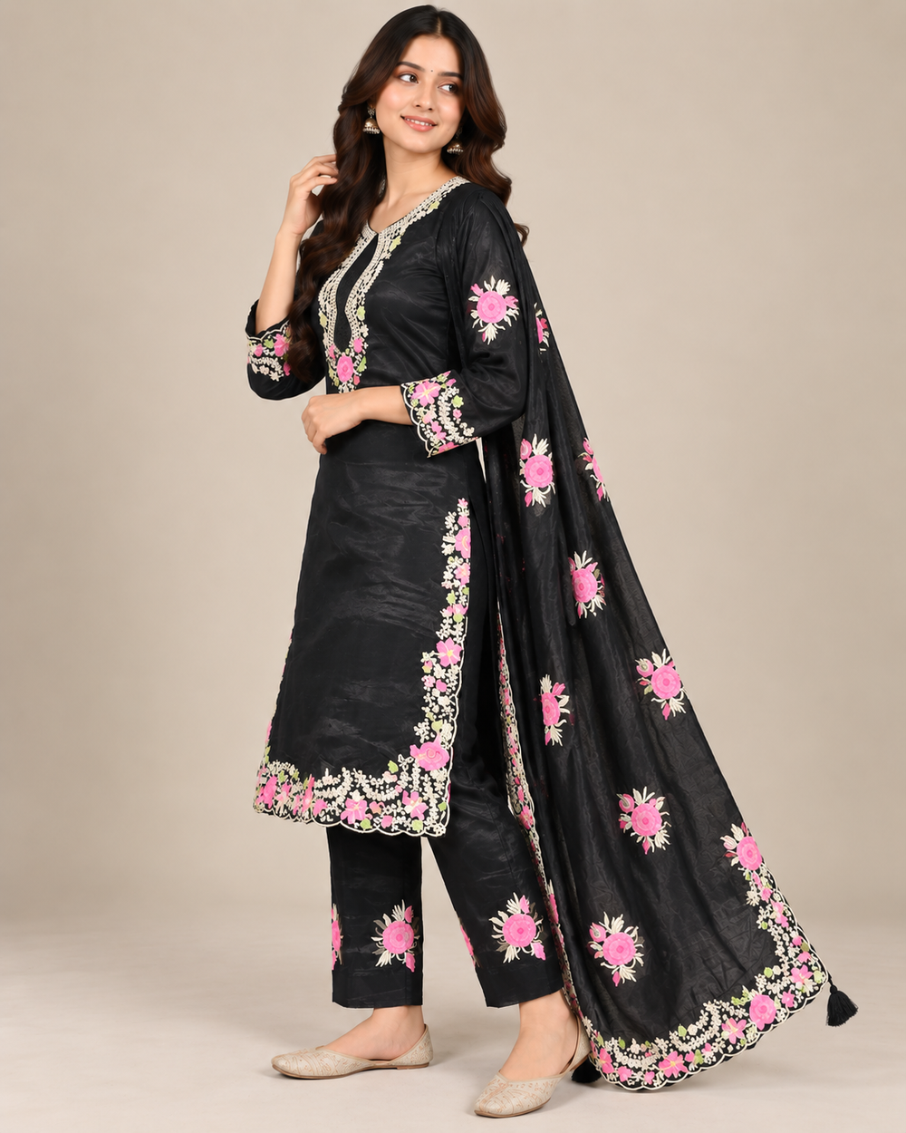 Black Floral Embroidered Salwar Suit Set with Dupatta for Women